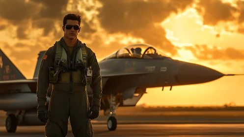 Fighter pilot stands on runway beside jet at sunset.