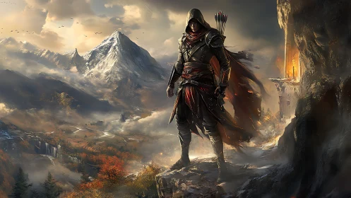 Hooded ranger overlooking burning cliff citadel at sunrise.