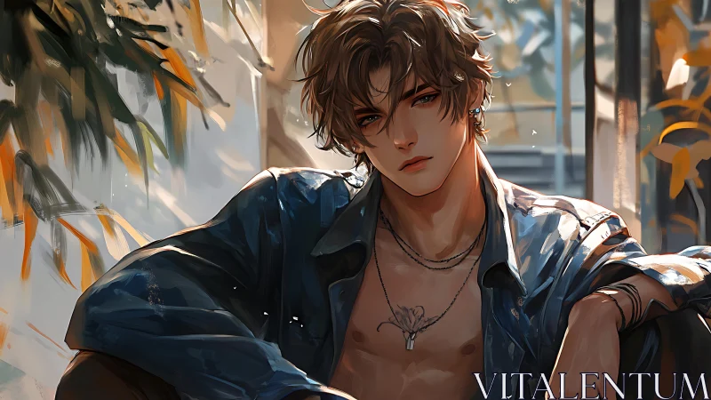 Moody young man in open shirt under warm dappled sunlight