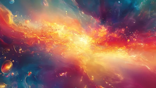 Vibrant nebula cloud spans center with swirling cosmic light