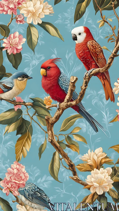 Colorful songbirds rest among blossoms on soft blue sky