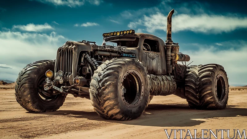 Post‑apocalyptic desert monster truck with oversized tractor tires