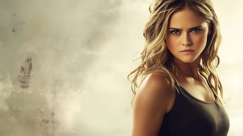 Defiant young woman stands against soft, weathered backdrop