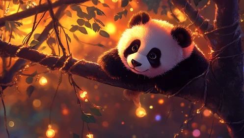 Panda cub on illuminated tree branch at dusk in forest.
