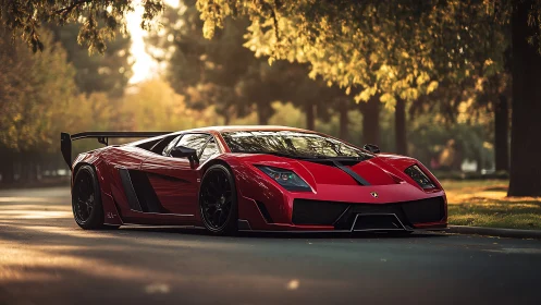 Low red supercar is parked on a tree-lined urban street
