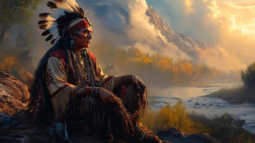 Elder in feathered headdress contemplates misty river valley.