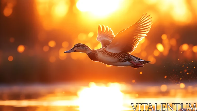 Wild duck in dynamic sunrise backlight captures fluid motion
