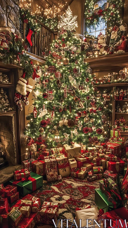Christmas tree in ornate living room loaded with presents.