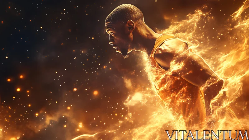 Fiery digital athlete sprinting through glowing embers.