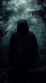 Mysterious hooded wanderer waiting in a misty midnight forest.