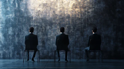 Corporate figures aligned before textured concrete wall.