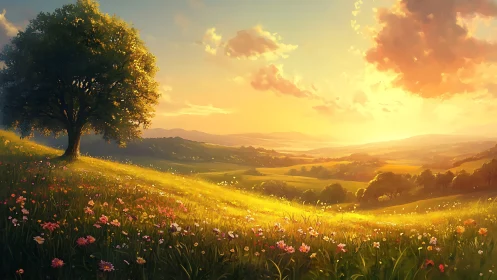 Sunlit hillside meadow with lone tree at golden sunset.