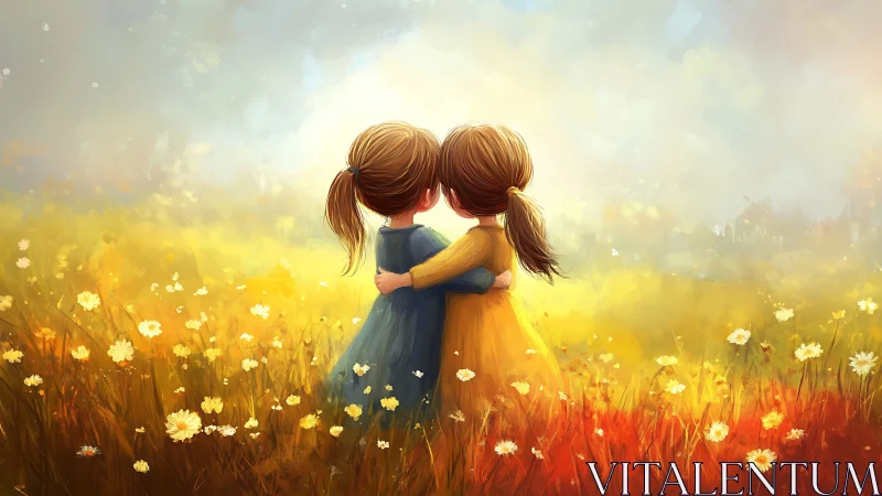 Two Girls Embracing in Sunlit Wildflower Meadow.