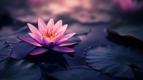 Pink lotus blooms over deep indigo water at twilight.