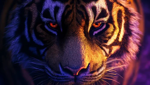 Neon-lit tiger face glows with intense, hypnotic stare.