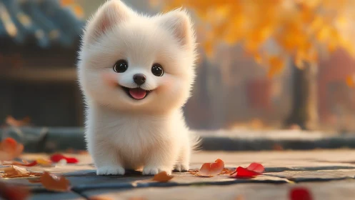 Fluffy autumn puppy beams under golden leaves and soft light.