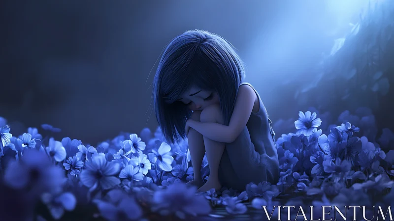 Blue haired girl curled among glowing night flowers.