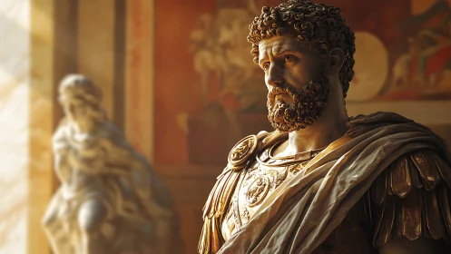 Sunlit Roman emperor statue stands in ornate museum hall