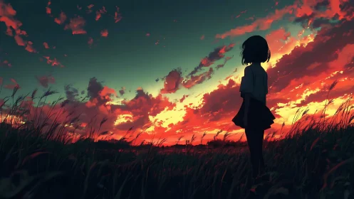 Silhouetted girl in tall grass facing vivid red sunset sky