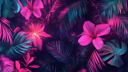 Neon jungle blossoms glow against deep tropical foliage
