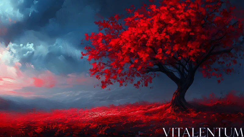 Solitary red tree on open field under dramatic cloudy sky.