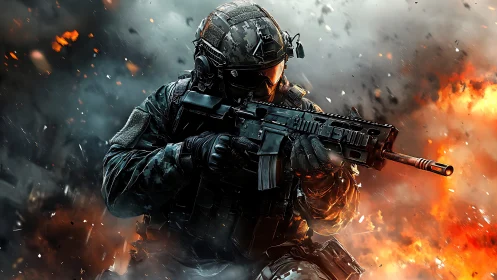 Soldier in full tactical gear firing rifle amid explosions