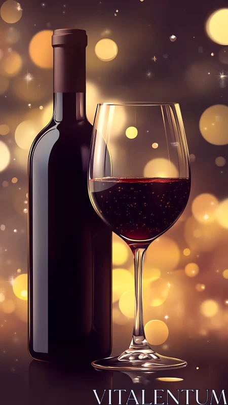 Red wine bottle and glass on warm glowing bokeh background.