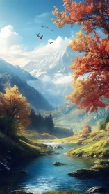 Golden autumn valley where river, peaks and birds meet.