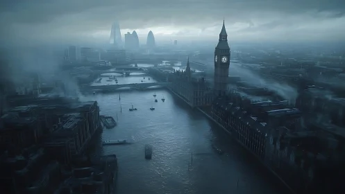 Flooded dystopian London skyline under storm-laden clouds.
