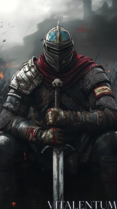 Battleworn knight resting quietly between rising storms.