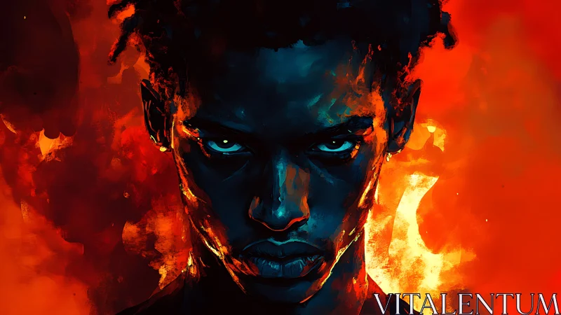 Storm-eyed fireborn warrior framed in molten twilight.