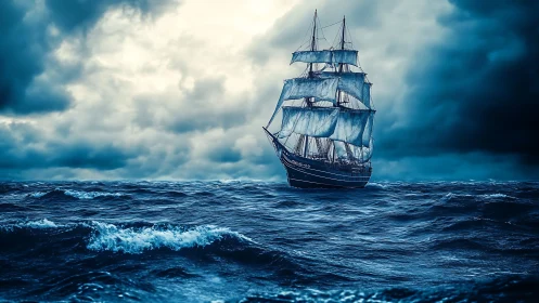 Square-rigged tall ship under storm-dark cumulonimbus sky at sea