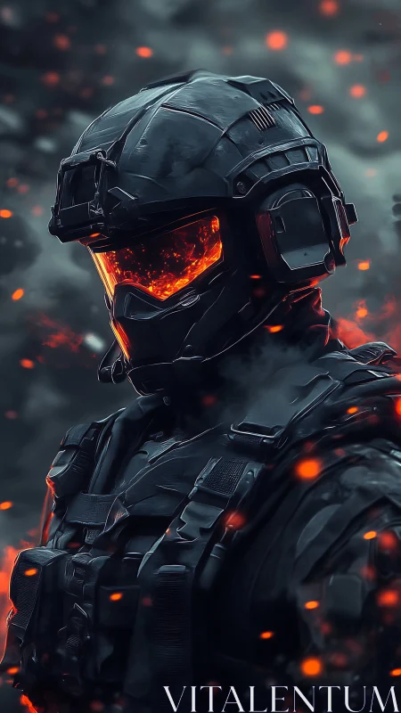 Molten visor soldier stands calm amid drifting sparks