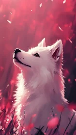White fox spirit gazes upward in glowing crimson petals.