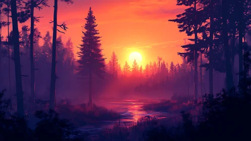 Sunset illuminates misty conifer forest over reflective river