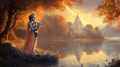 Krishna with flute by reflective river at sunset, temple beyond