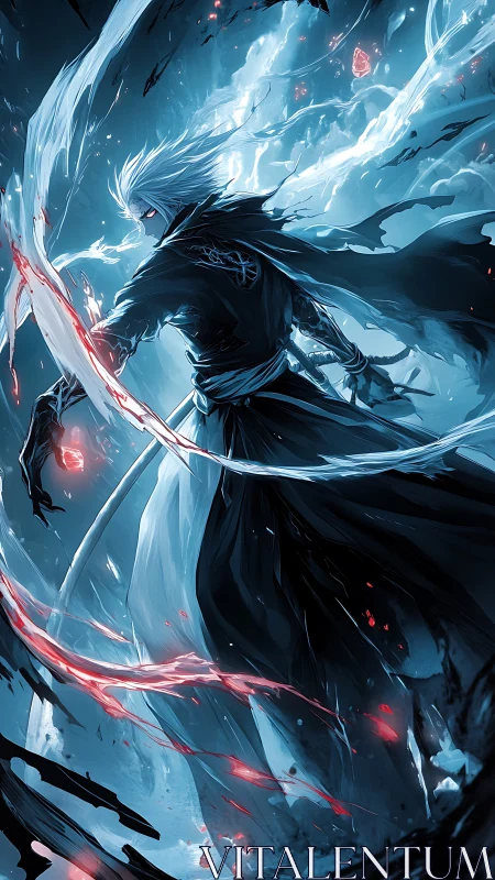 Iceborn swordsman channels spectral energy in storm-lit void.