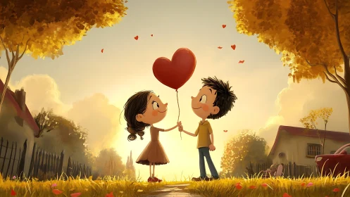 Boy and Girl Share Heart Balloon in Autumn Landscape