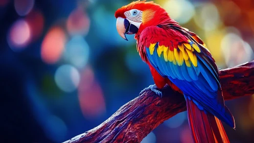 Vibrant Scarlet Macaw on Branch with Colorful Bokeh Background.