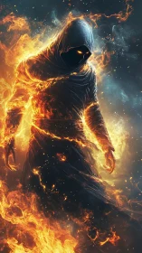 Hooded ember wraith strides through a storm of living fire.