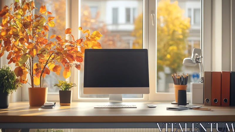 Minimalist desktop workspace with autumn window view.