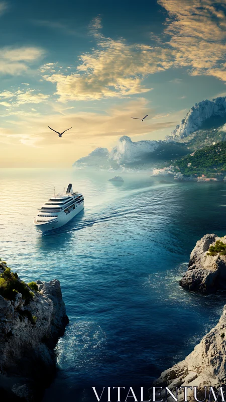 Cruise ship sailing through sunlit coastal cliffs at dawn.