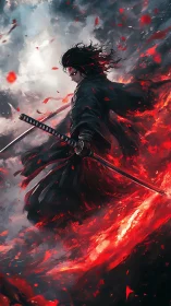 Digital painting of a dark samurai in eruptive crimson vortex.