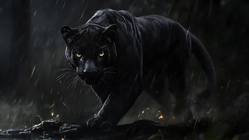 Black Panther in Rain with Glowing Eyes and Firelight