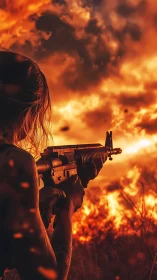 Soldier with Rifle Against Burning Sky at Dusk