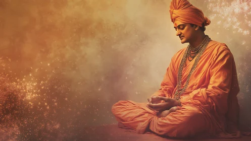 Digital painting of meditative monk in luminous saffron space.