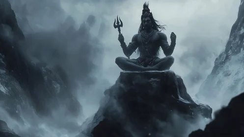 Silhouetted deity figure seated on rocky peak in misty range.