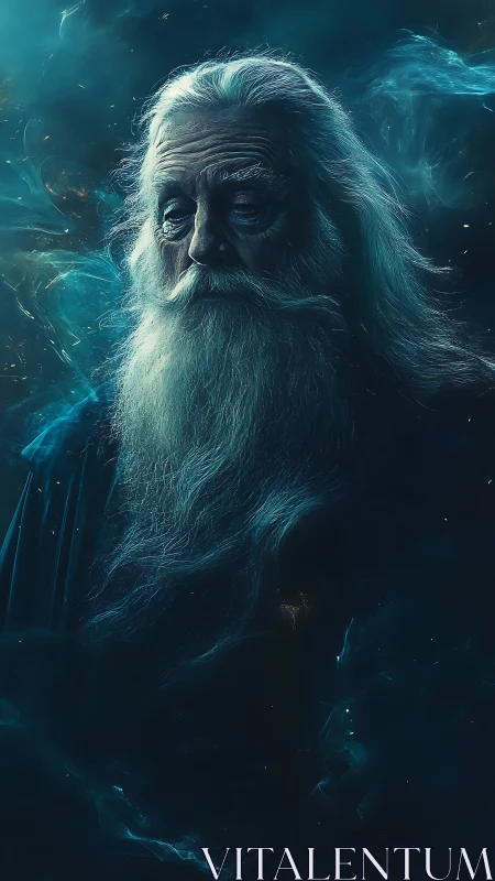 Ethereal Old Wizard Portrait in Nocturnal Digital Painting.