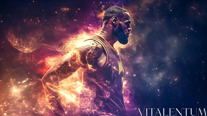 Cosmic-lit basketball silhouette merges with nebular energy field