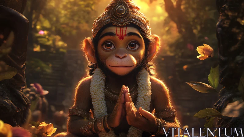 Gentle baby monkey in prayerful pose amid golden forest.